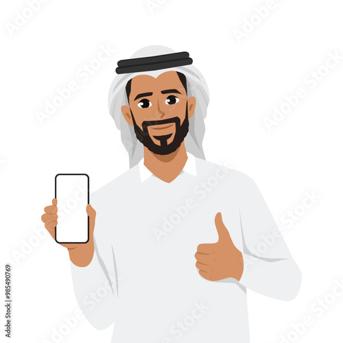 Man showing smartphone and showing thumbs up or like sign. Flat Vector Character illustration