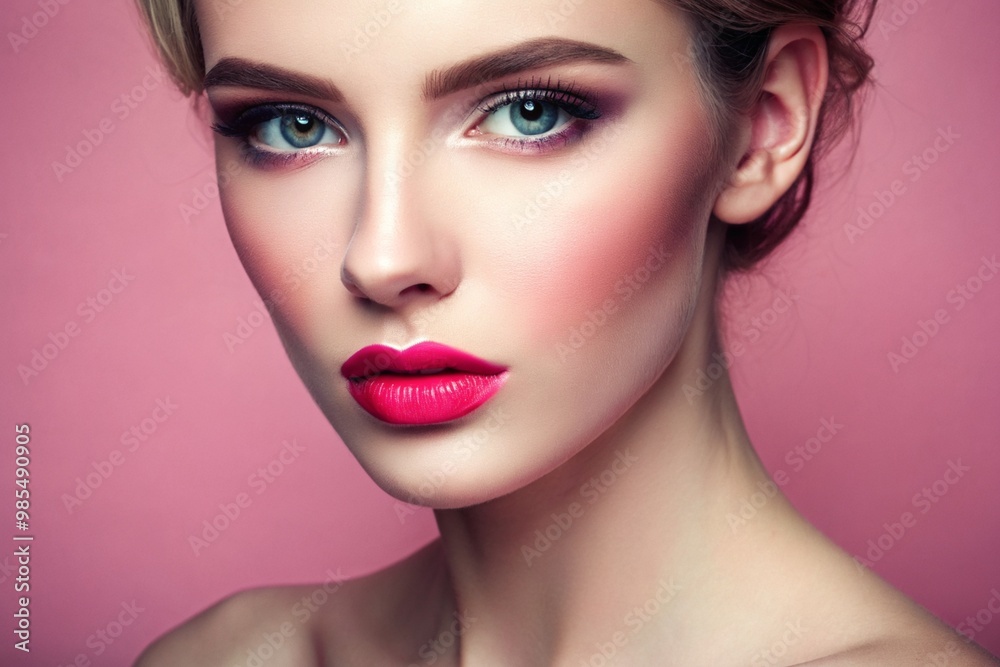 A woman with a pink face and blue eyes A woman with a pink face and blue eyes