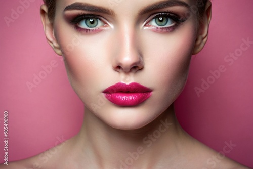 A woman with a pink face and blue eyes