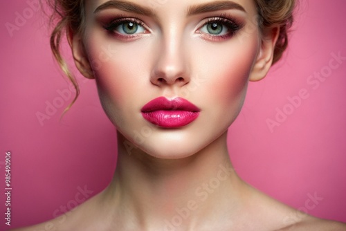 A woman with a pink face and blue eyes