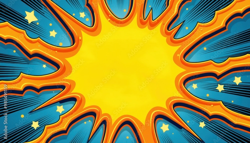 Fototapeta premium Vibrant Pop Art Comic Book Style Background with Explosive Burst Design, Yellow Blue Orange Colors, Star Elements, Retro Cartoon Aesthetic