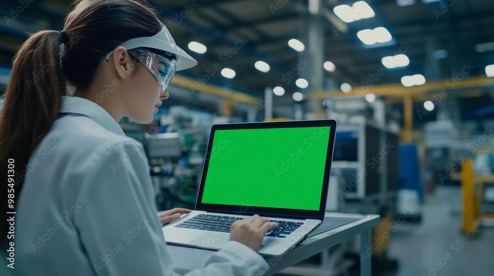 Asian Female Engineer Supervising Factory Production with Green Screen Laptop