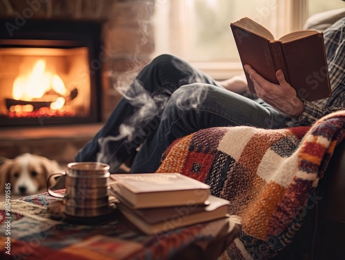 A person is reading a book in front of a fireplace photo