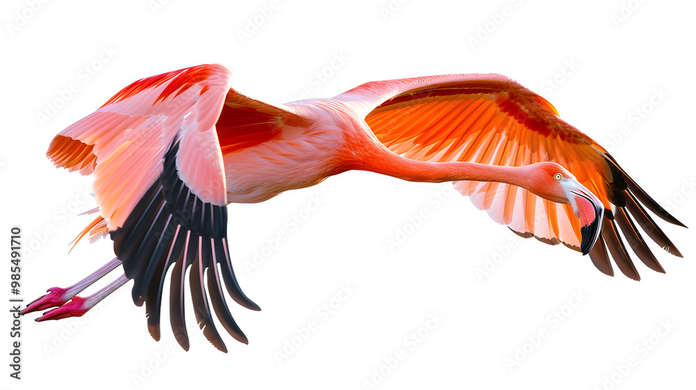 Vibrant Flying Pink Flamingo Bird in Isolation on White Background Vibrant Flying Pink Flamingo Bird in Isolation on White Background