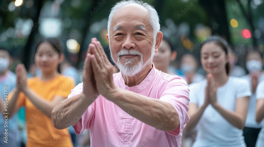 An elderly man leading a tai chi class for younger people in a quiet park in Singapore, sharing his wisdom and health practices An elderly man leading a tai chi class for younger people in a quiet park in Singapore, sharing his wisdom and health practices