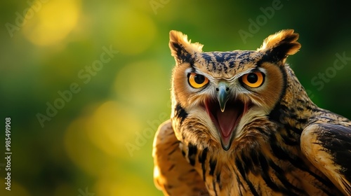 A majestic owl with striking eyes, perched and vocalizing in a lush green environment, showcasing its beautiful feathers and details.