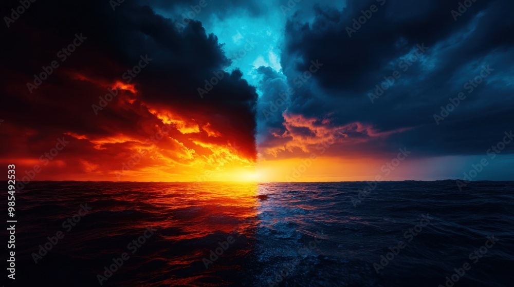 A stunning split view of sunset over the ocean, with dramatic clouds painted in vibrant orange and deep blue hues. A stunning split view of sunset over the ocean, with dramatic clouds painted in vibrant orange and deep blue hues.