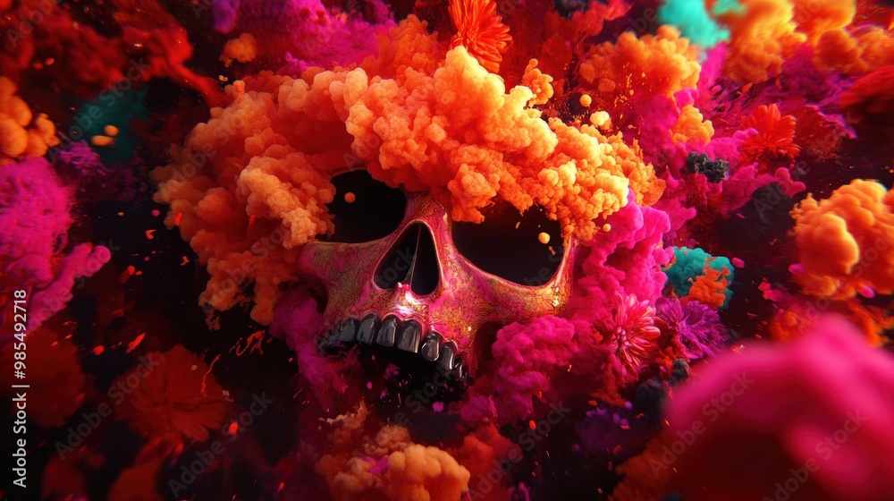 A vibrant skull surrounded by colorful clouds of pink and orange, creating a striking and surreal visual experience. A vibrant skull surrounded by colorful clouds of pink and orange, creating a striking and surreal visual experience.