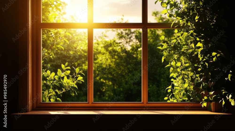 Naklejka premium Sunlight streaming through a wooden window, illuminating fresh green leaves outside, creating a serene and peaceful atmosphere.