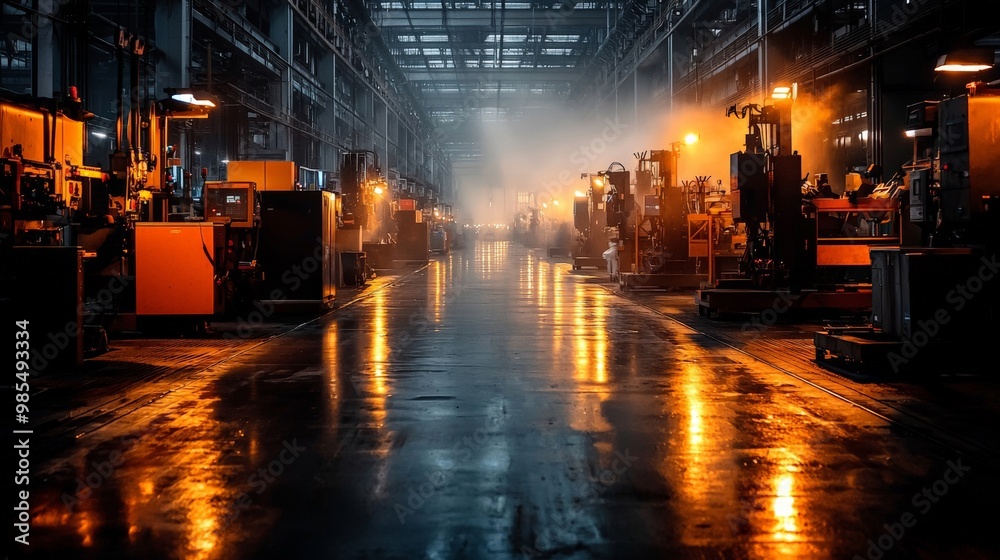 Fototapeta premium An empty, dimly lit factory floor, machines covered in dust, representing the decline of manufacturing due to economic turmoil