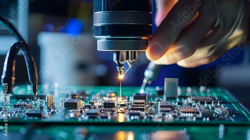 Engineer Thoroughly Inspecting Electronics With Precision Tools in Control Process photo