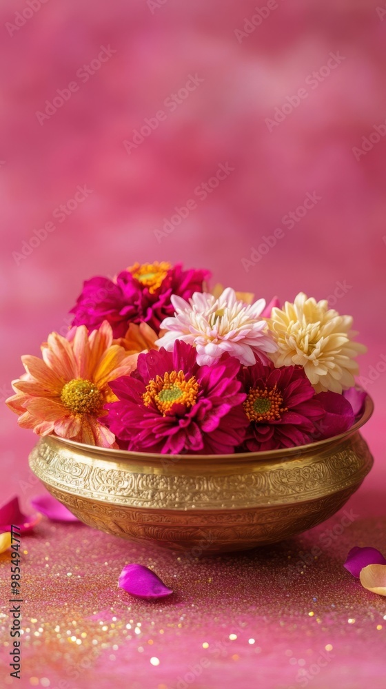 Decorative brass bowl filled with flowers, set on a ruby pink backdrop with subtle sparkles, copy space, happy Diwali background, traditional, Indian festival.