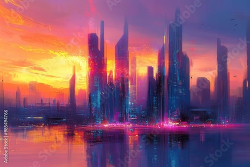 A futuristic skyline at sunset, shimmering with radiant colors, soft brushstrokes of light playing off sleek chrome structures, evoking a modern impressionist canvas photo