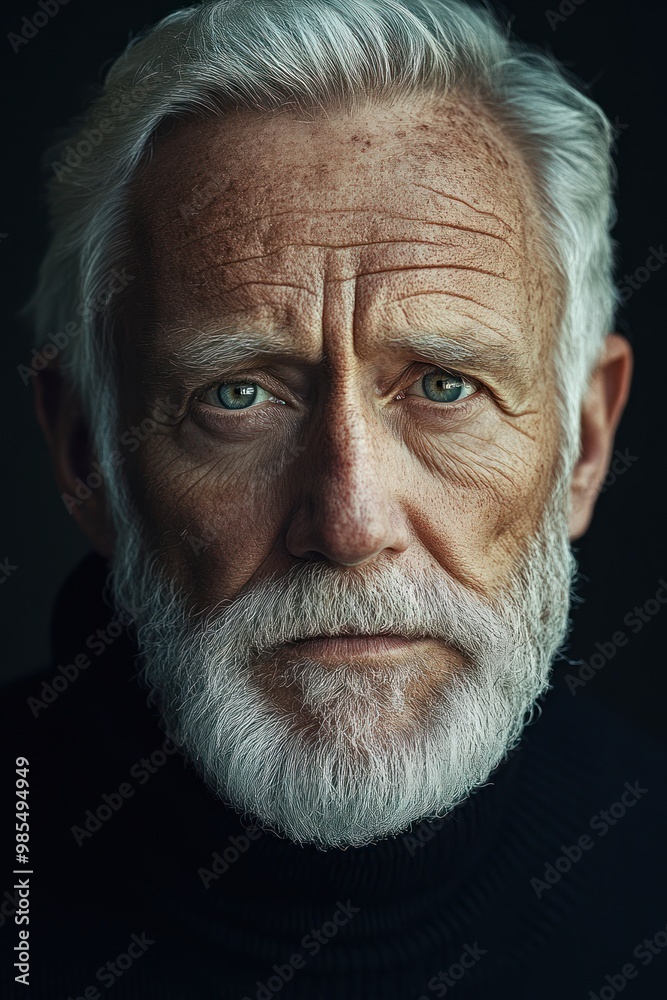 Fototapeta premium Close-Up Portrait of a Mature Man with Grey Hair and Beard, Expressive Eyes, and Strong Features