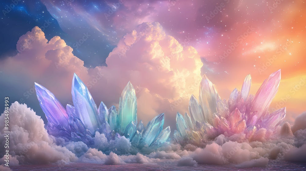 A field of multicolored crystals growing out of the ground under a glowing sky, symbolizing the surreal power of nature A field of multicolored crystals growing out of the ground under a glowing sky, symbolizing the surreal power of nature