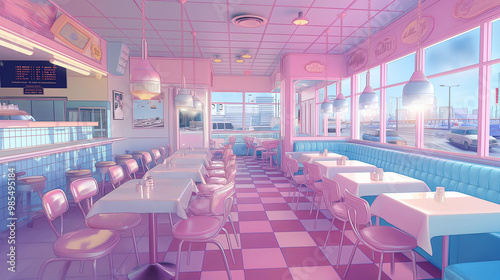 Interior design for a diner with a pastel pink and blue color theme, with white checkered floor tiles and white table cloths on tables