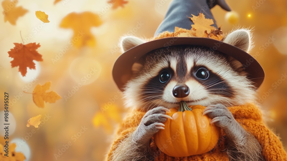 Fototapeta premium A charming raccoon in a witch hat holds a pumpkin amidst colorful autumn leaves. Perfect for seasonal and whimsical themes.