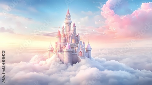 A surreal, colorful castle floating above a sea of clouds, symbolizing a fantastical and imaginative world