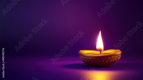 Golden diya with a flame, set on a deep purple backdrop with soft glow, copy space, happy Diwali background, traditional, Indian festival. 