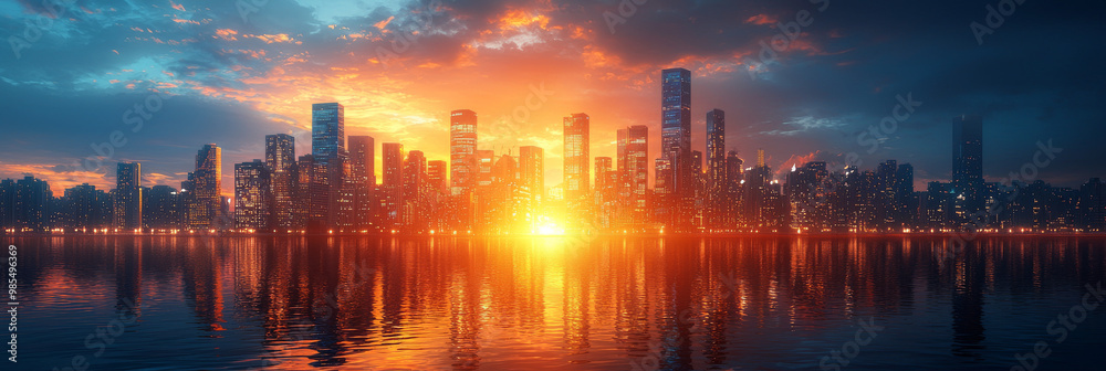 City skyline at sunset, with a dramatic sky and water reflection. City skyline at sunset, with a dramatic sky and water reflection.