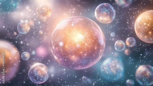 Glowing spheres of vibrant colors orbiting around a central point in space, symbolizing the vastness of creative ideas