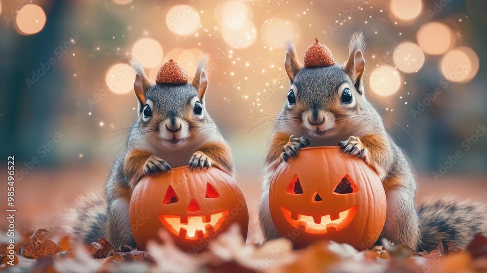 Fototapeta premium Two adorable squirrels celebrate Halloween with pumpkins, showcasing a festive autumn scene filled with charm and cheer.