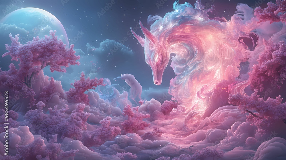 Surreal, glowing animals made of shifting colors roaming through an abstract landscape, symbolizing the creatures of the mind. Surreal, glowing animals made of shifting colors roaming through an abstract landscape, symbolizing the creatures of the mind.