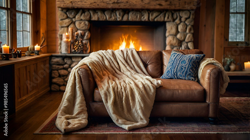 Cozy couch adorned with a white warm blanket, set against the warm ambiance of  fireplace. interior decorations.