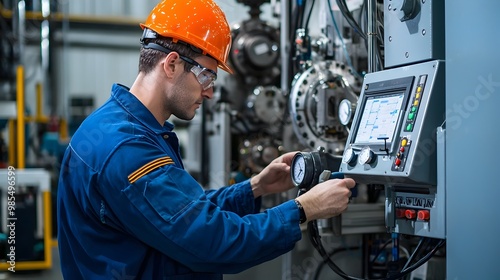 Skilled Engineer Performing Checks on Manufacturing Machine for Assurance