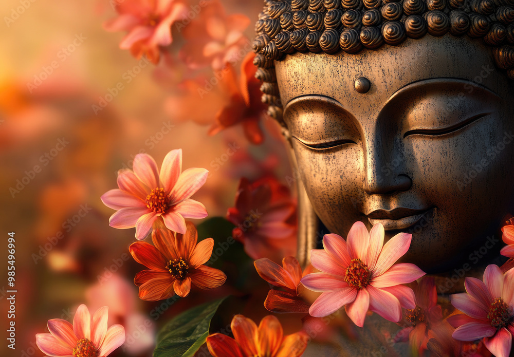 Buddha with flowers, peaceful and serene background Buddha with flowers, peaceful and serene background