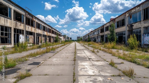 An empty industrial area with abandoned warehouses, broken windows, and overgrown weeds, illustrating the consequences of economic failure