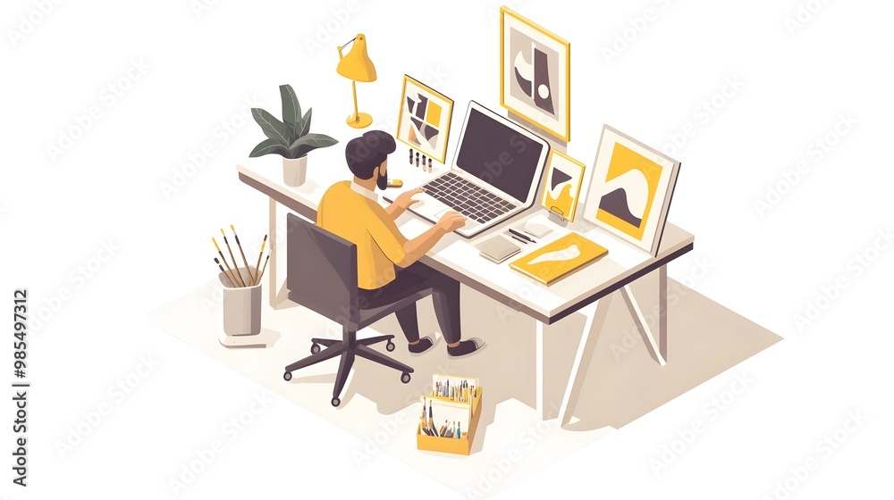 Isometric Workspace with Laptop and Marketing Materials Isometric Workspace with Laptop and Marketing Materials