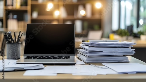 Wallpaper Mural Cluttered Desk with Laptop and Paperwork Symbolizing Busy Office Workload Torontodigital.ca