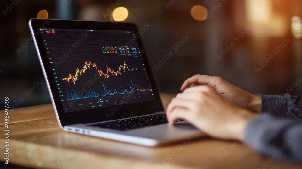 Modern Financial Analyst Analyzing Stock Market Trends on Laptop with Digital Chart Overlay. Modern Financial Analyst Analyzing Stock Market Trends on Laptop with Digital Chart Overlay.