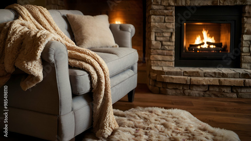 Cozy couch adorned with a white warm blanket, set against the warm ambiance of  fireplace. interior decorations.