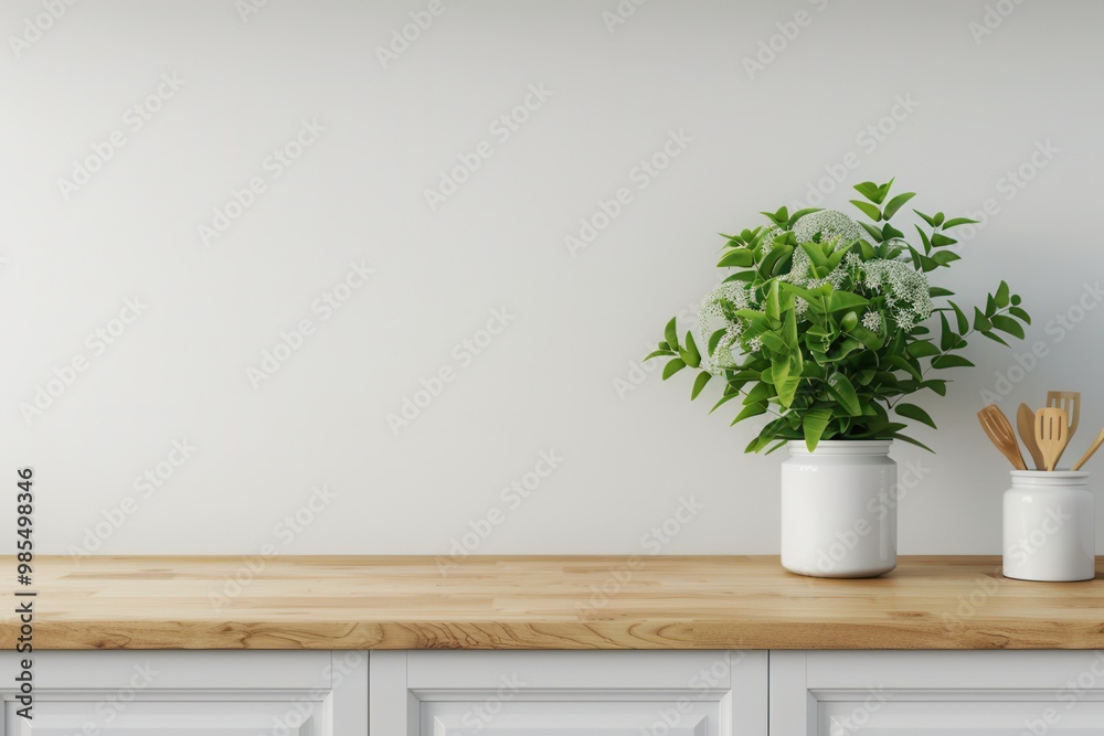 A serene kitchen countertop with a green potted plant, wooden surface, and utensils in a minimalist setting. A serene kitchen countertop with a green potted plant, wooden surface, and utensils in a minimalist setting.