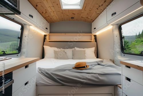 Cozy van interior featuring a minimalist design, wooden accents, soft bedding, and natural light, perfect for travel and relaxation. photo