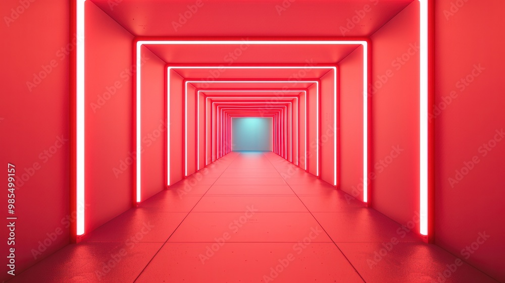 A vibrant, illuminated corridor with red neon lights, leading to a cool blue glow at the end, creating a striking visual effect. A vibrant, illuminated corridor with red neon lights, leading to a cool blue glow at the end, creating a striking visual effect.