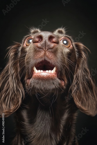 Surprised French Spaniel Dog Close-Up with Wide Eyes and Open Mouth in Studio Photography