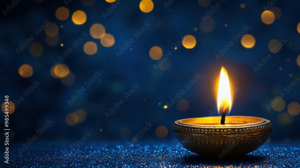 Single brass diya with a bright flame, resting on a midnight blue backdrop with twinkling stars effect, copy space, happy Diwali background, traditional, Indian festival. Single brass diya with a bright flame, resting on a midnight blue backdrop with twinkling stars effect, copy space, happy Diwali background, traditional, Indian festival.