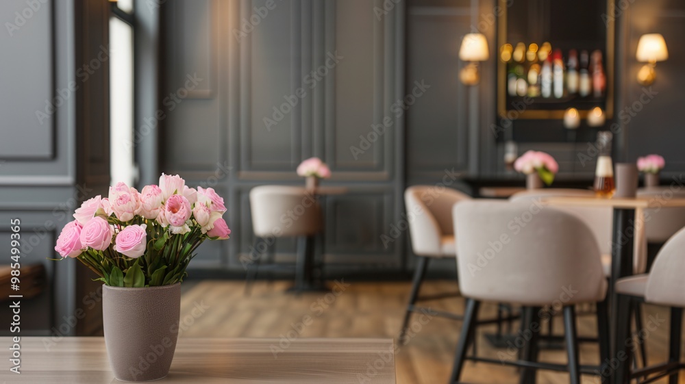 A stylish interior featuring a vase of pink flowers on a table, complemented by elegant decor and soft lighting. A stylish interior featuring a vase of pink flowers on a table, complemented by elegant decor and soft lighting.