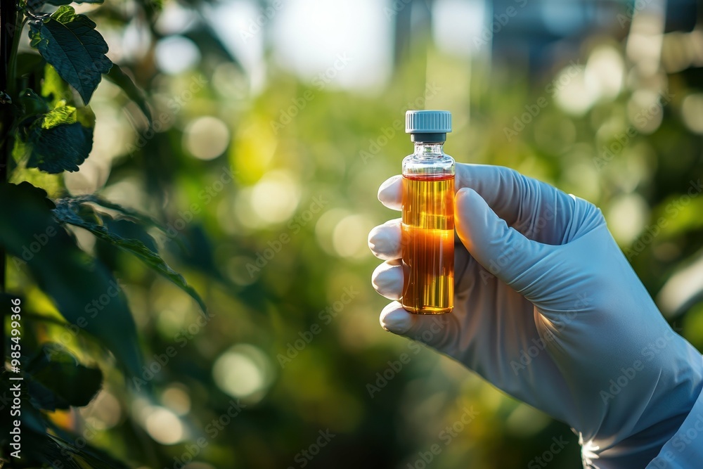 A scientist holding a vial of biofuel against the backdrop of a lush, green field, symbolizing the potential of renewable energy in agriculture and sustainability A scientist holding a vial of biofuel against the backdrop of a lush, green field, symbolizing the potential of renewable energy in agriculture and sustainability