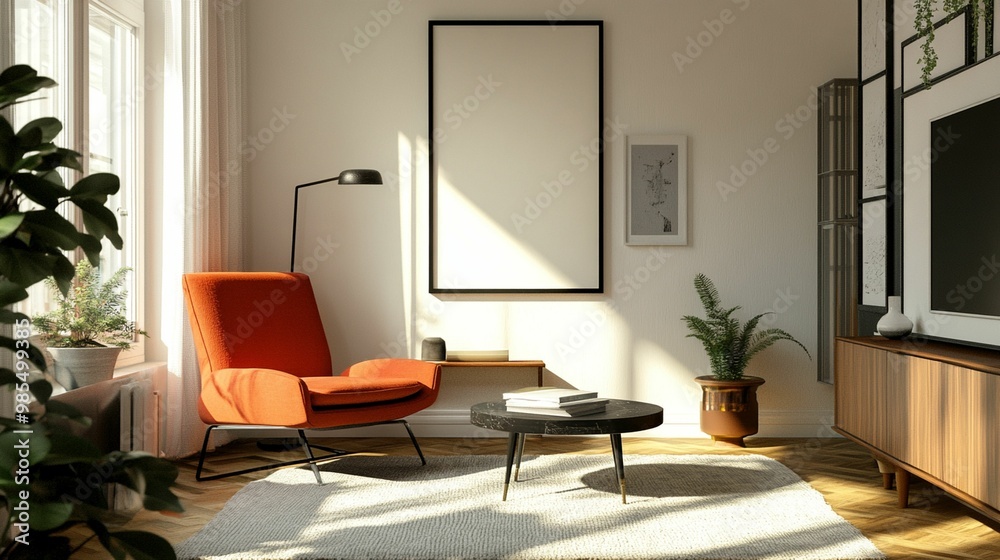 Scandinavian Interior Design of a Modern Living Room Featuring a Stylish Poster Mockup Scandinavian Interior Design of a Modern Living Room Featuring a Stylish Poster Mockup