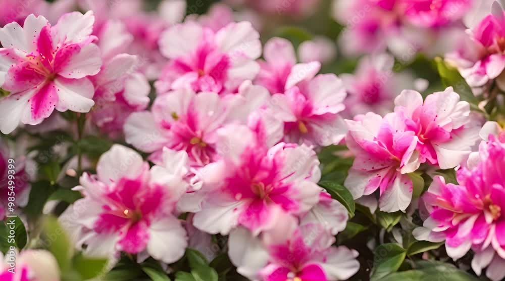 A garden of pink and white azaleas, their petals sparkling after a gentle rain A garden of pink and white azaleas, their petals sparkling after a gentle rain