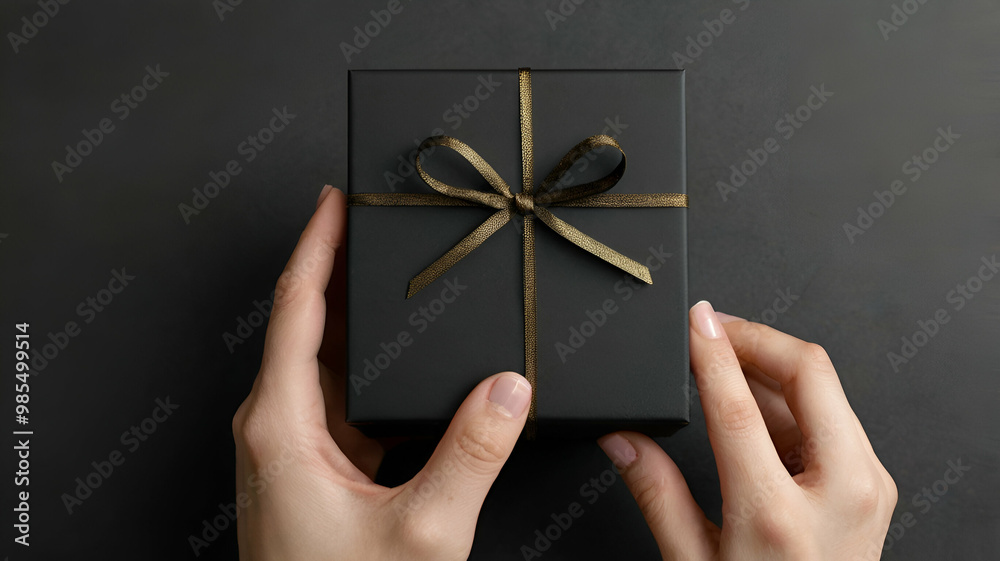Black gift box in female hand Top view Black, a Black Friday sale banner design Black gift box in female hand Top view Black, a Black Friday sale banner design