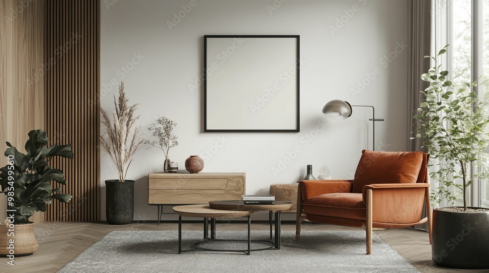 Fototapeta premium Scandinavian Interior Design of a Modern Living Room Featuring a Stylish Poster Mockup