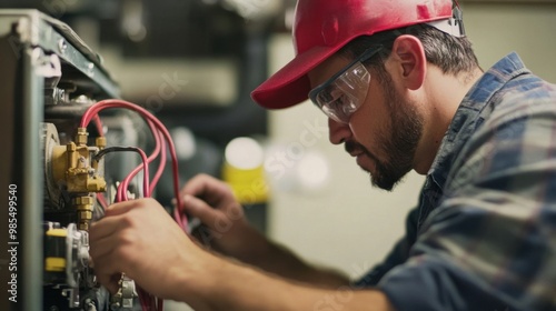 HVAC Technician Checking Refrigerant Levels of Air Conditioner for Maintenance Inspection.