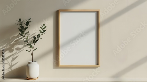 A minimalistic interior scene featuring a blank wooden frame on a wall beside a potted plant, casting soft shadows in natural light.