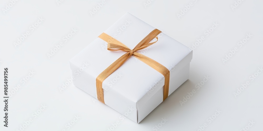 A beautifully wrapped white gift box with an elegant golden ribbon, perfect for any special occasion or celebration.