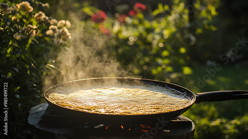 A pancake pan filled with batter, cooking in a sunlit outdoor garden photo